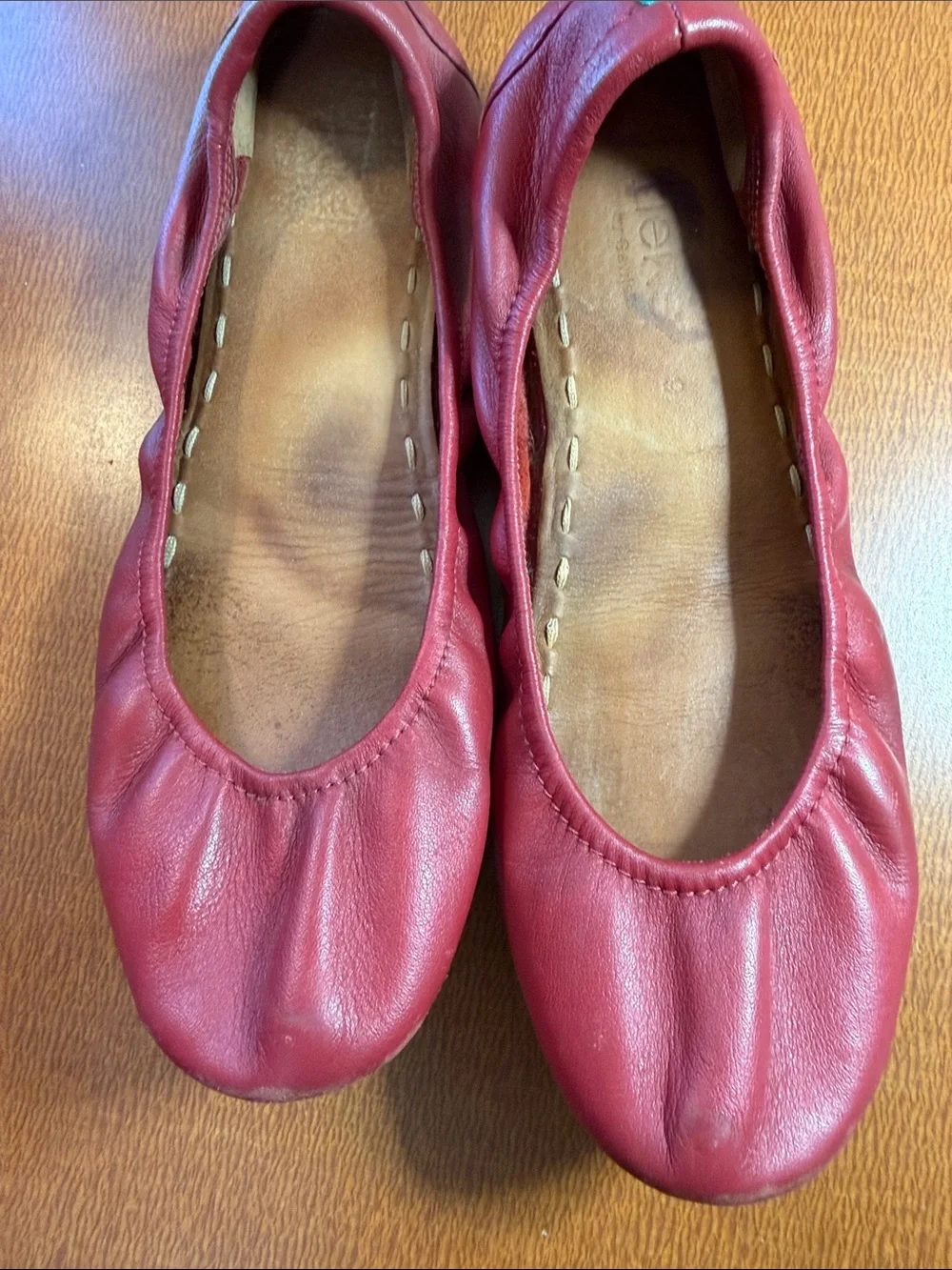 Tieks Red Leather Ballet Flats with Teal Heel Tab - Women